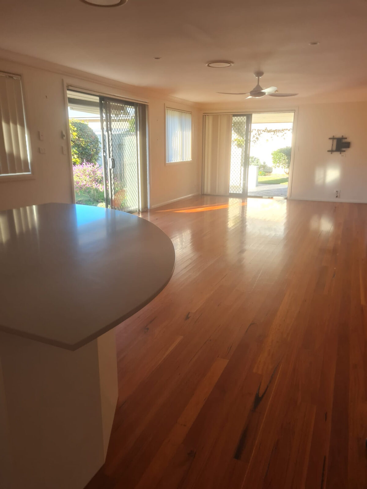 Empty open plan living area with polished timber floors after a vacate clean