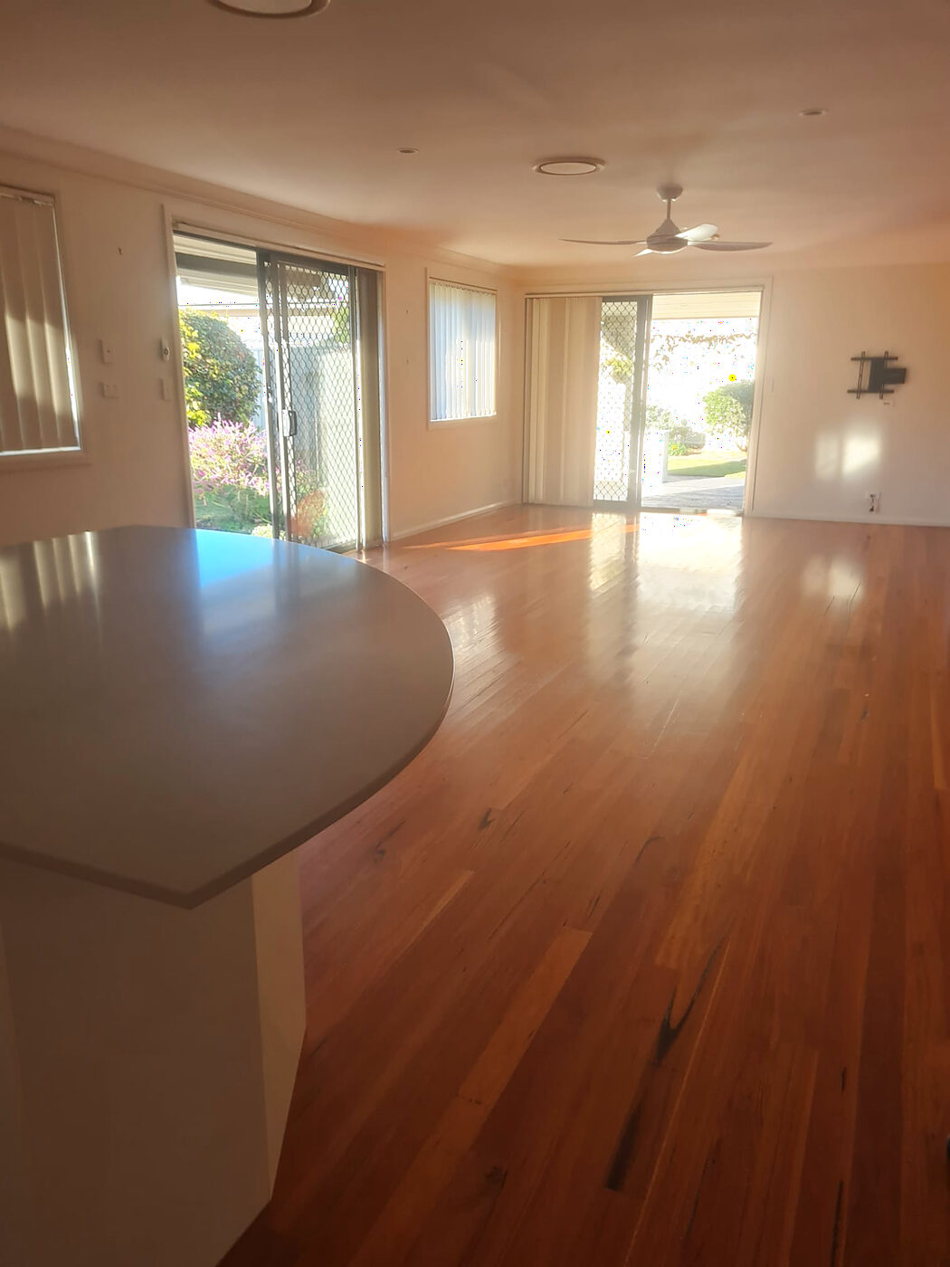 Empty living area with polished floors after a vacate clean in Forster